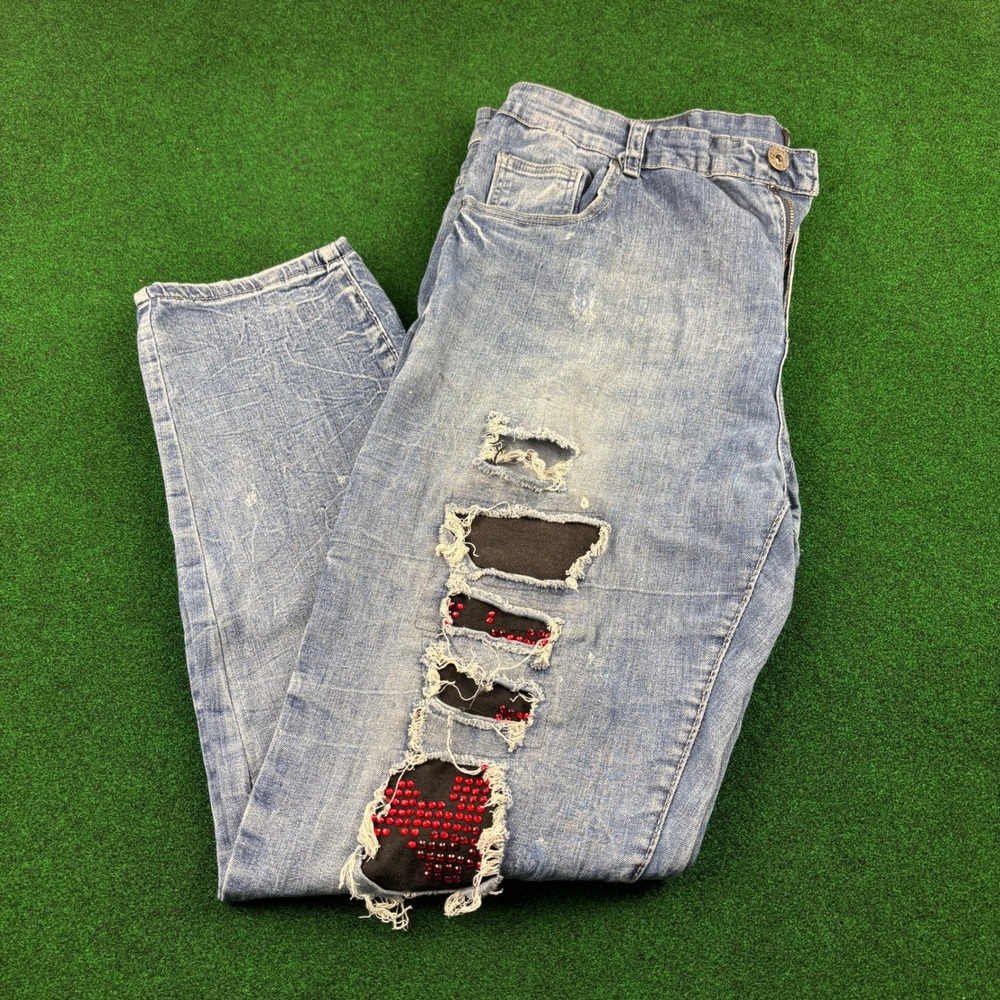 Waimea‎ Mens Skinny Fit Distressed Light Wash Denim Jeans Rhinestone Size 40